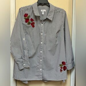 New Striped Shirt with Red Floral Embroidery